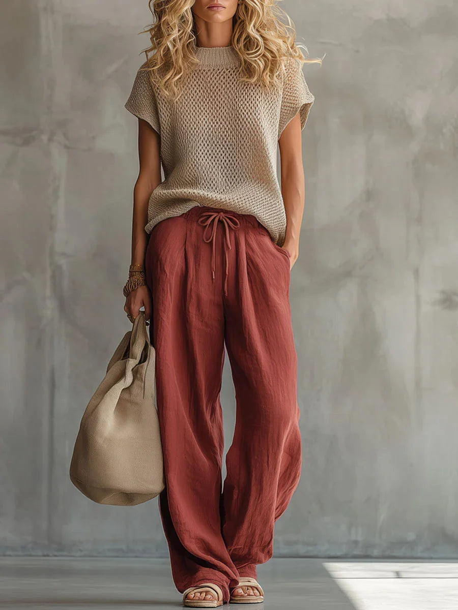 Red Women's Knitted Top & Linen Trouser Set — Imogen Wide-Leg Drawstring - Front Full