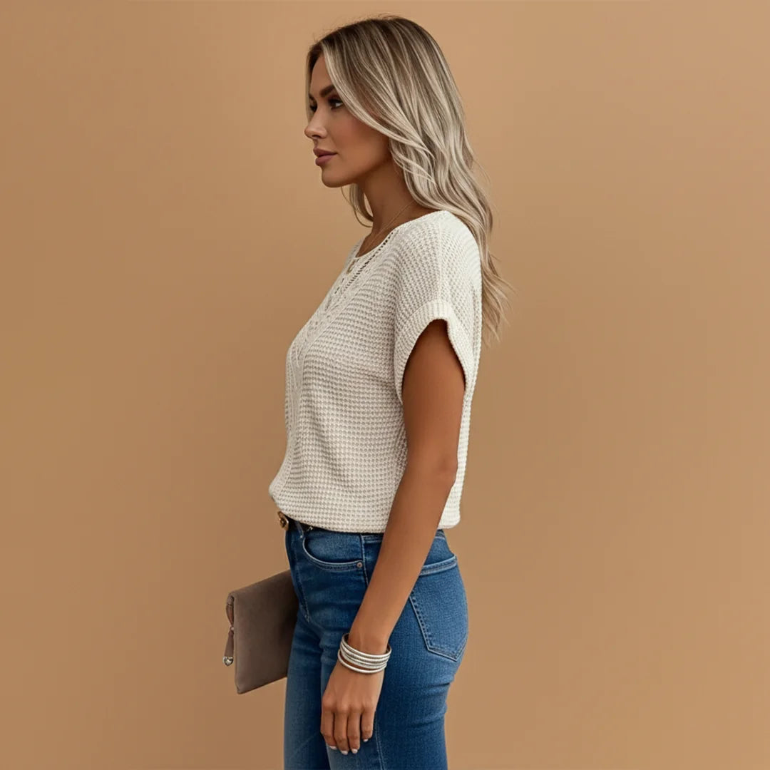 Beige Women's Lace Detail T-Shirt — Naomi Regular Fit Crochet Neckline - Side Pose