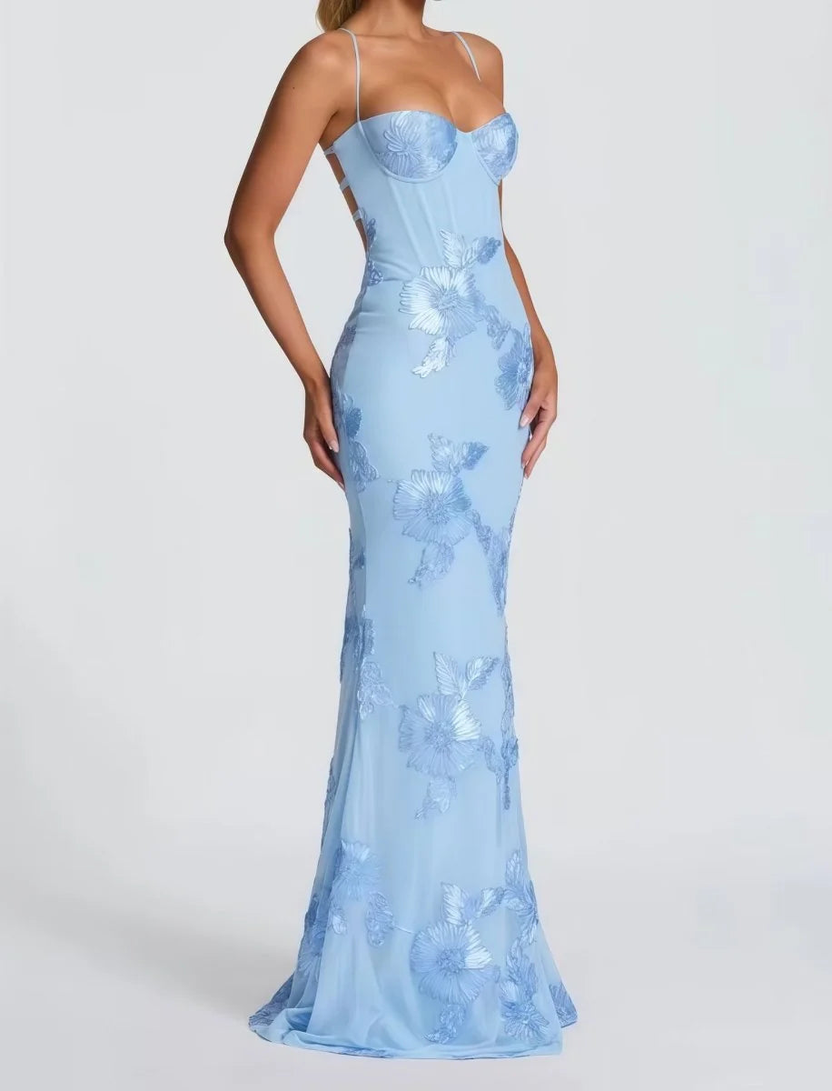 Light Blue Women's Lace Fitted Maxi Dress — Jessica Mermaid Sweetheart Formal - Front Full