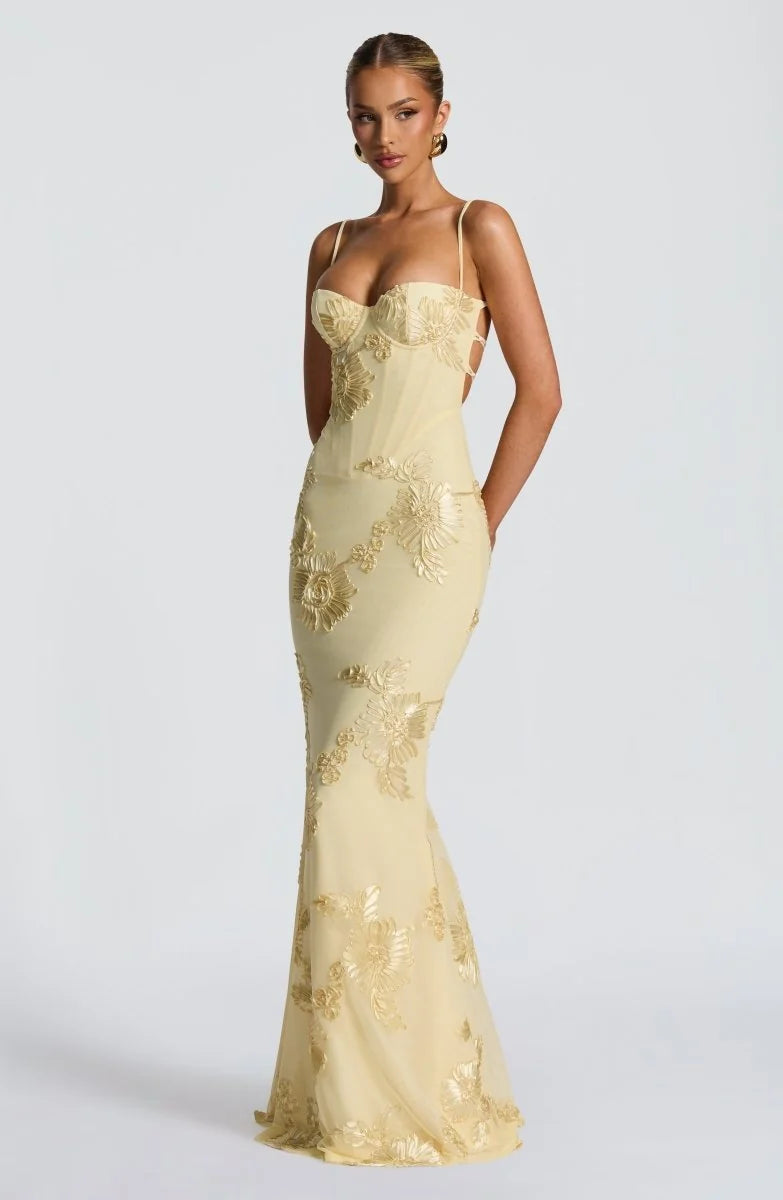 Yellow Women's Lace Fitted Maxi Dress — Jessica Mermaid Sweetheart Formal - Front Full
