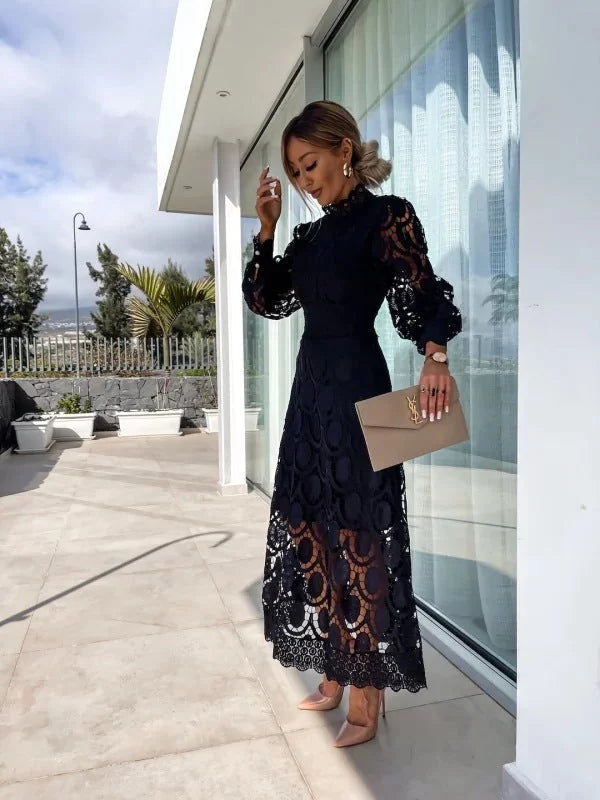 Black Women's Lace Midi Dress — Blair High Neck Long Sleeve - Side Pose
