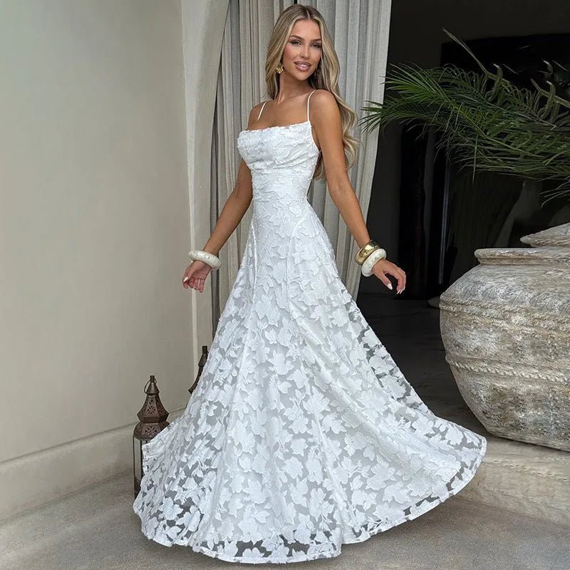 Margaret | Elegant Lace - Up Back Evening Dress - White - 4