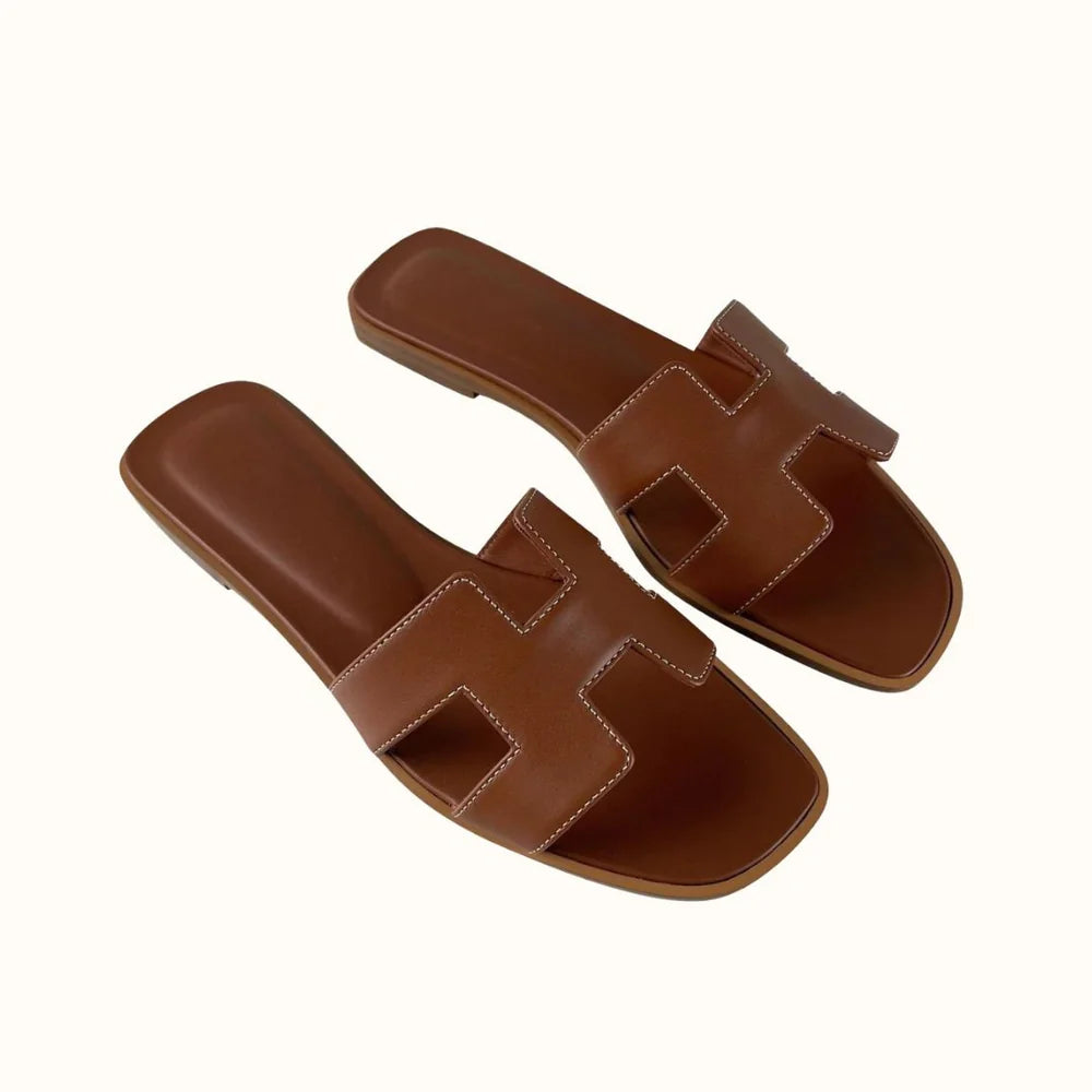 Brown Women's Leather H-Strap Sandals — Valerie Slip-On Flat - Front Studio