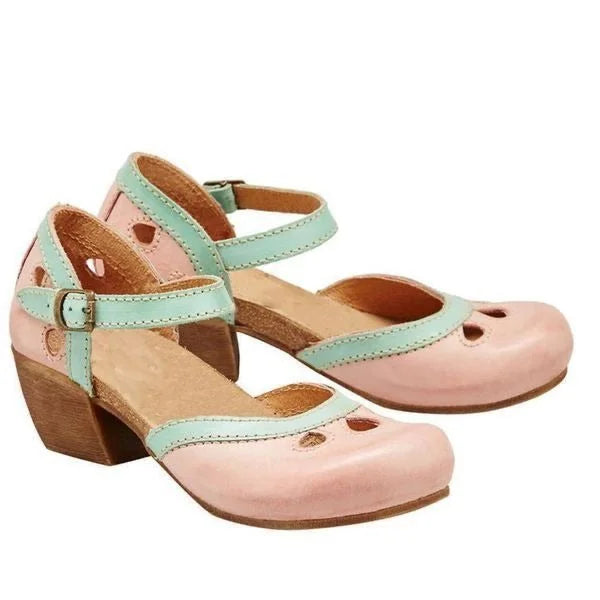 Pink Women's Leather Mary Orthopedic Sandals — Tess Ankle Strap Block Heel - Front Side
