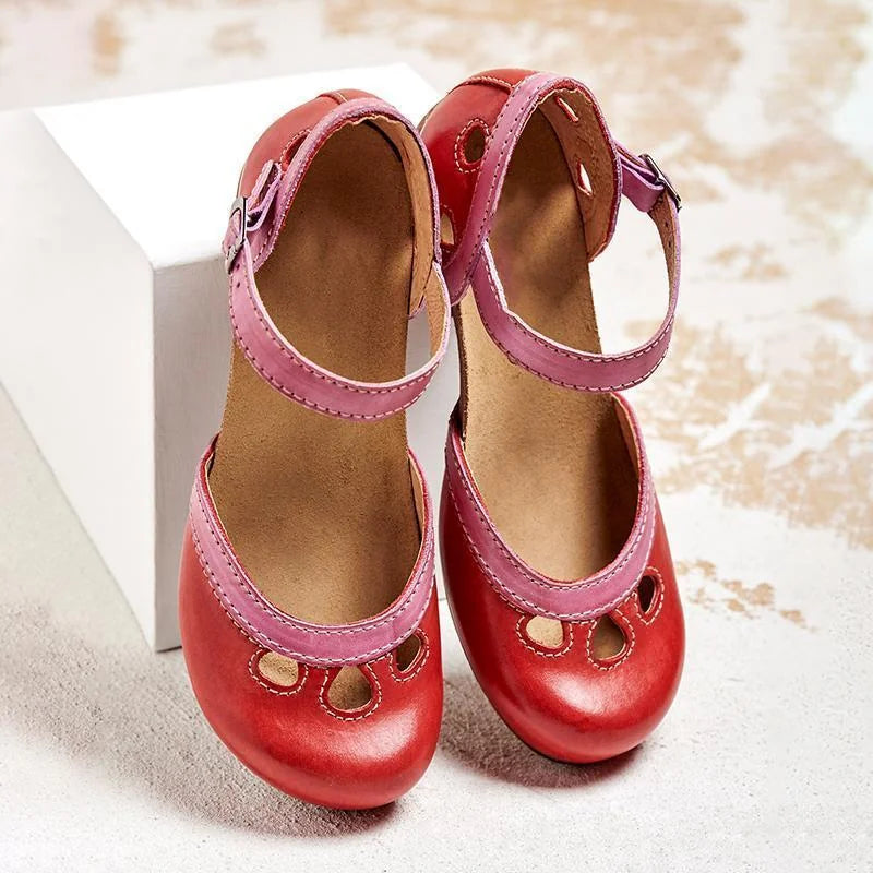 Red Women's Leather Mary Orthopedic Sandals — Tess Ankle Strap Block Heel - Front Angle