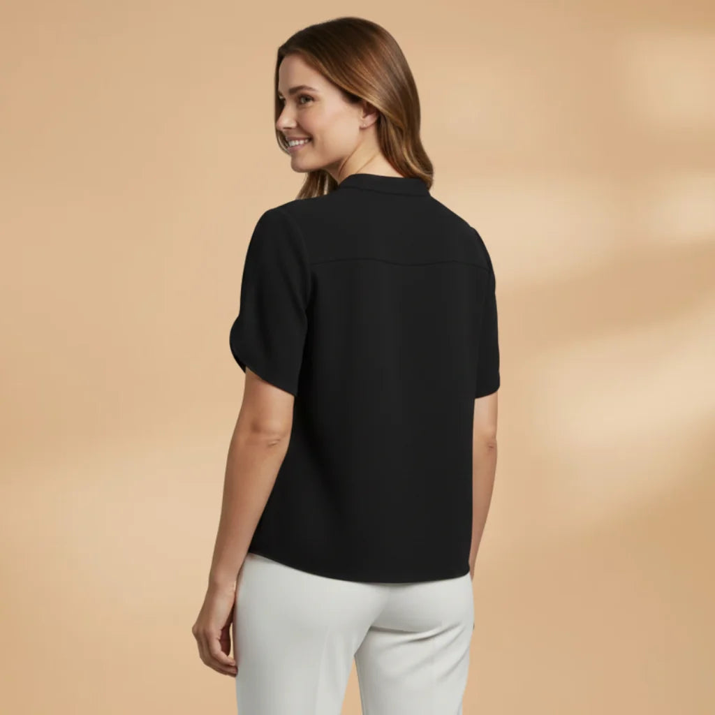 Black Women's Lightweight Blouse — Alice Short Sleeve V-Neck - Back Detail