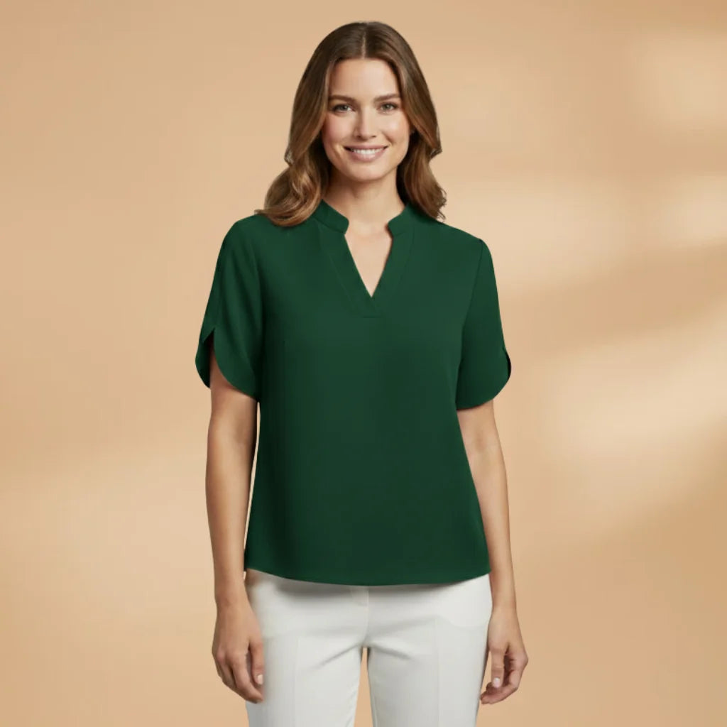 Green Women's Lightweight Blouse — Alice Short Sleeve V-Neck - Front Full