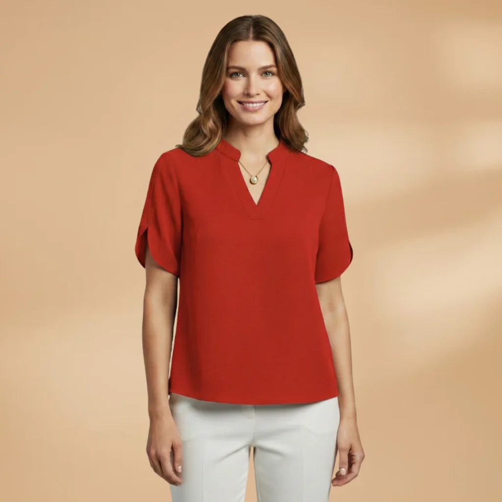 Red Women's Lightweight Blouse — Alice Short Sleeve V-Neck - Front Full