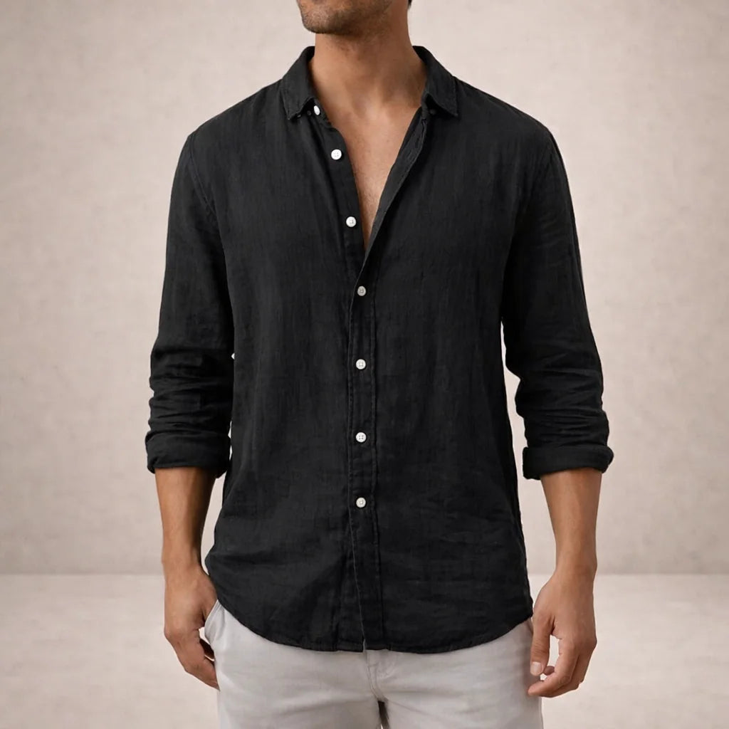 Black Men's Linen Button-Down Shirt — Milo Long Sleeve Summer Blouse - Front Buttoned