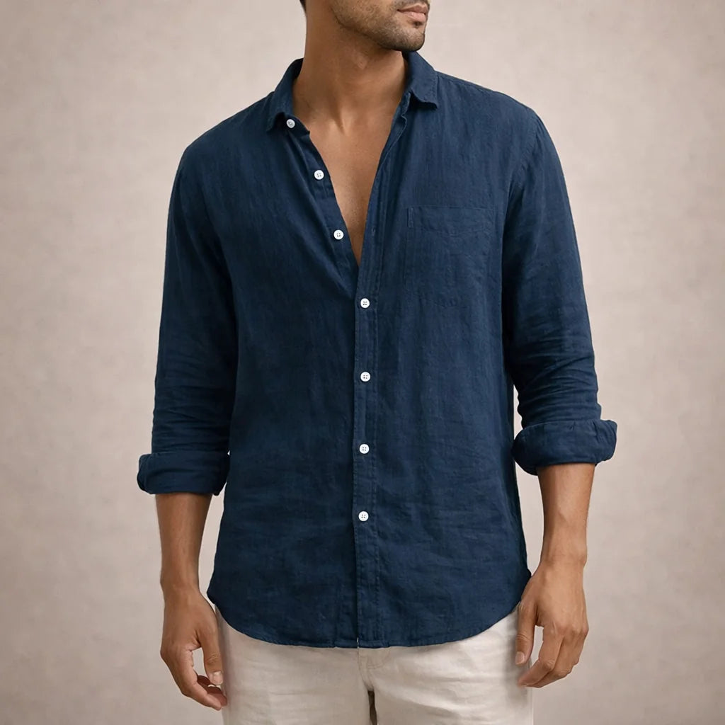 Dark Blue Men's Linen Button-Down Shirt — Milo Long Sleeve Summer Blouse - Front Chest Pocket