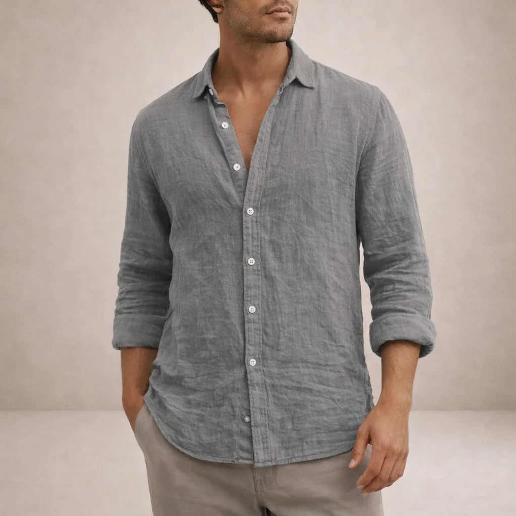 Grey Men's Linen Button-Down Shirt — Milo Long Sleeve Summer Blouse - Front Pose