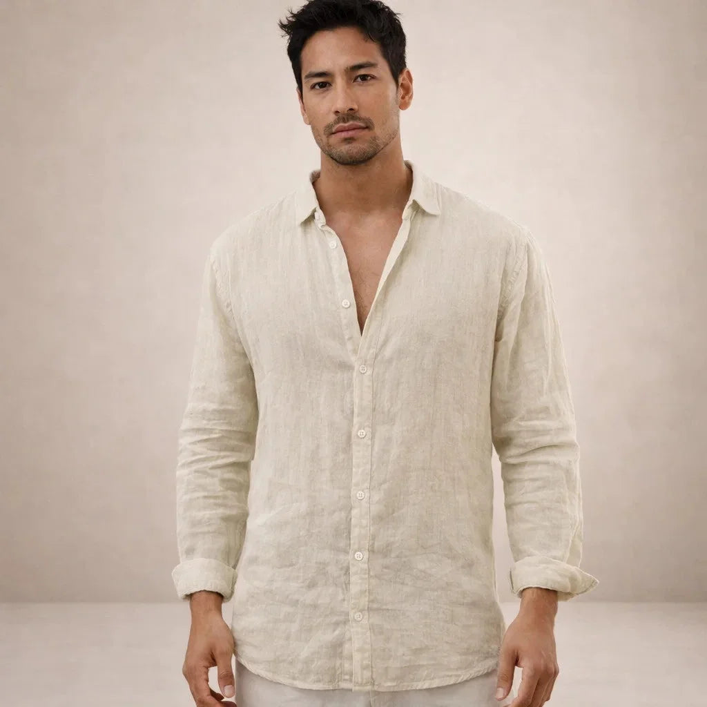 Off White Men's Linen Button-Down Shirt — Milo Long Sleeve Summer Blouse - Front Full Natural