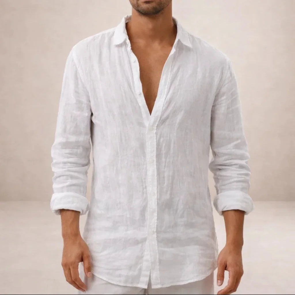 White Men's Linen Button-Down Shirt — Milo Long Sleeve Summer Blouse - Front Open Collar