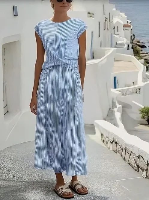 Blue Women's Blue Striped Linen Dress — Nadine Twisted Front Midi - Front Pose