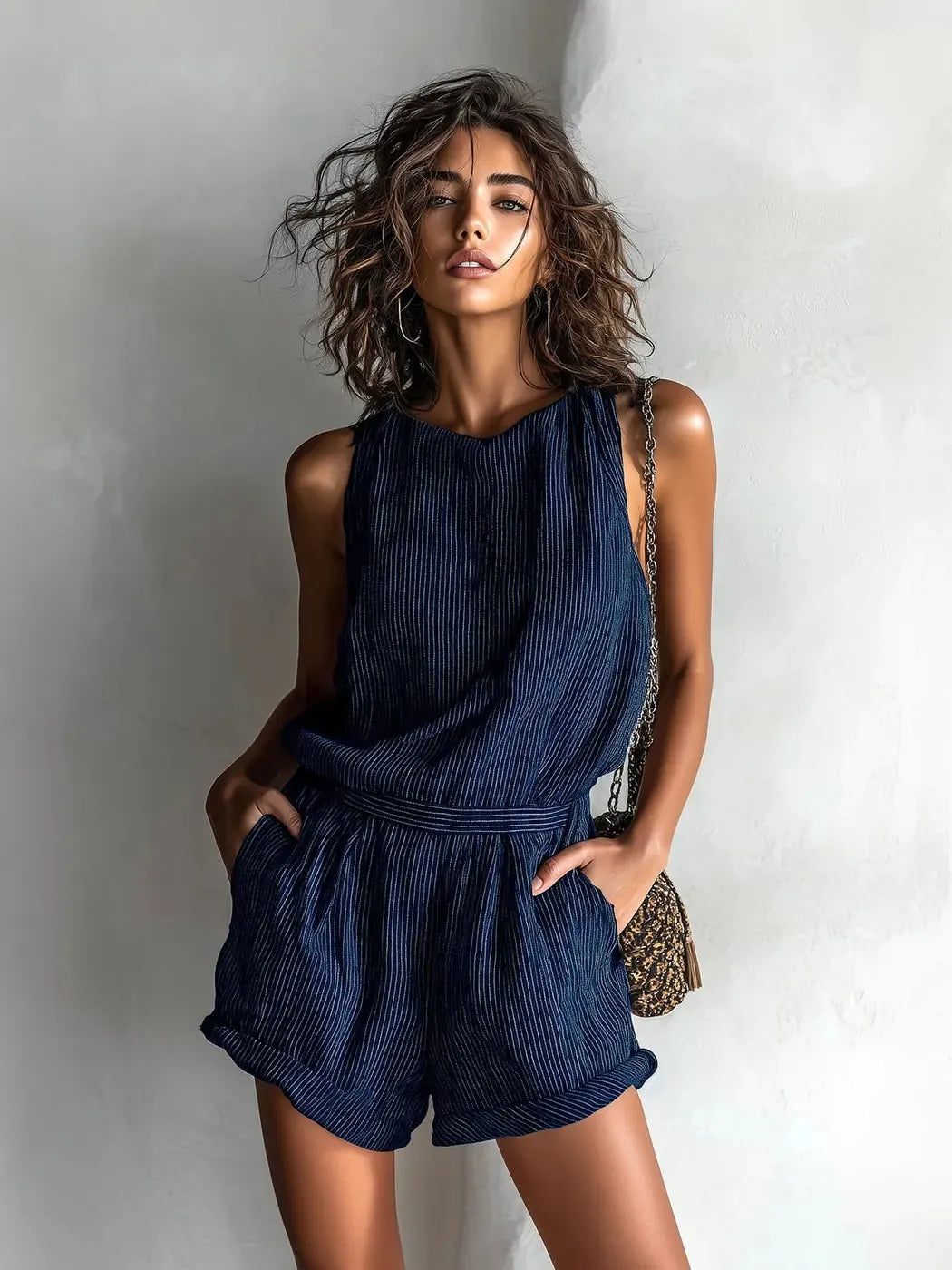 Marineblauw Women's Striped Linen Romper — Maddison Sleeveless Cuffed Boho - Front Lifestyle
