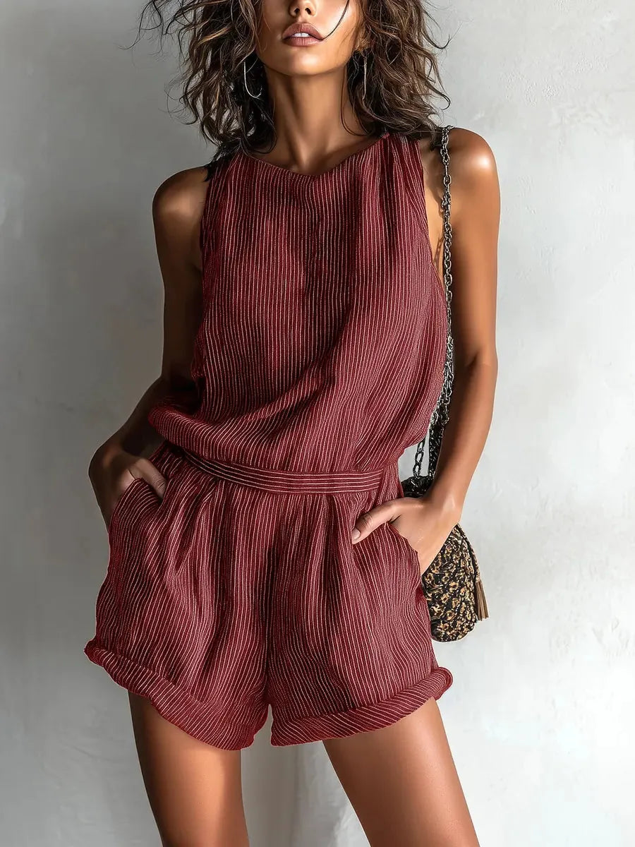 Rood Women's Striped Linen Romper — Maddison Sleeveless Cuffed Boho - Front Close