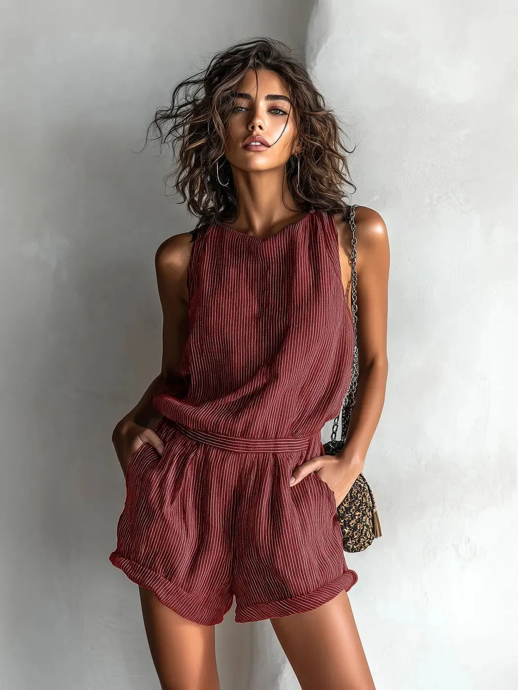 Rood Women's Striped Linen Romper — Maddison Sleeveless Cuffed Boho - Front Lifestyle