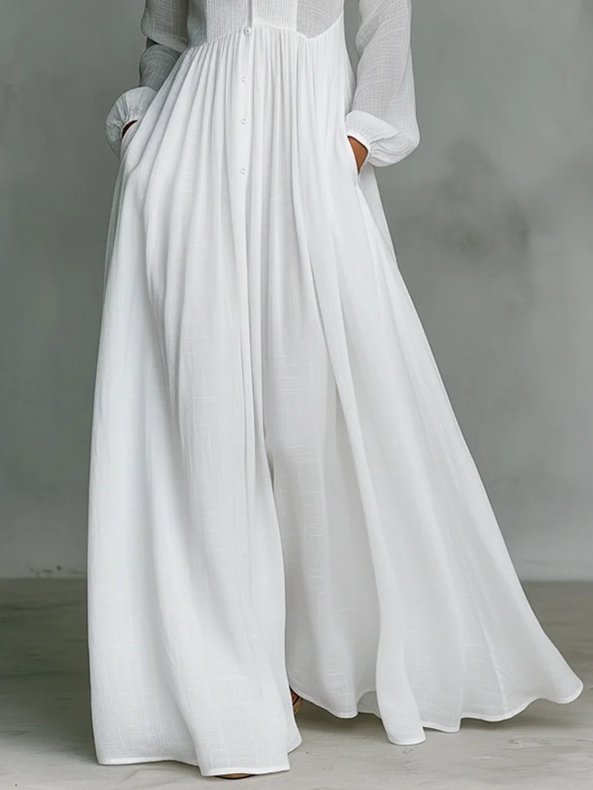 White Women's Long Sleeve Maxi Dress — Lily Button-Front Stand Collar Bohemian - Skirt Flow Detail