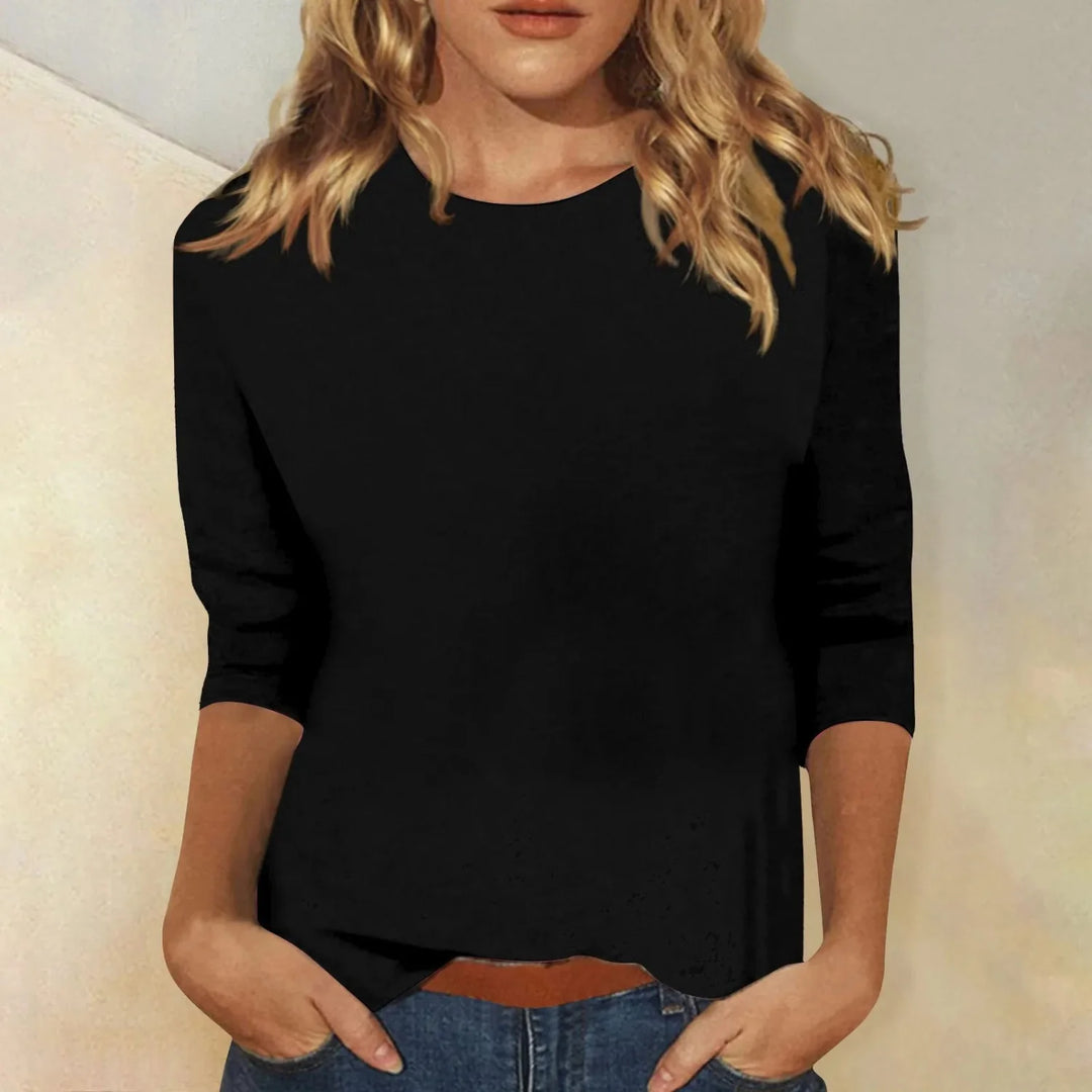 Black Women's Long Sleeve Crew Neck Top — Jillian Basic Cotton Solid - Front Basic