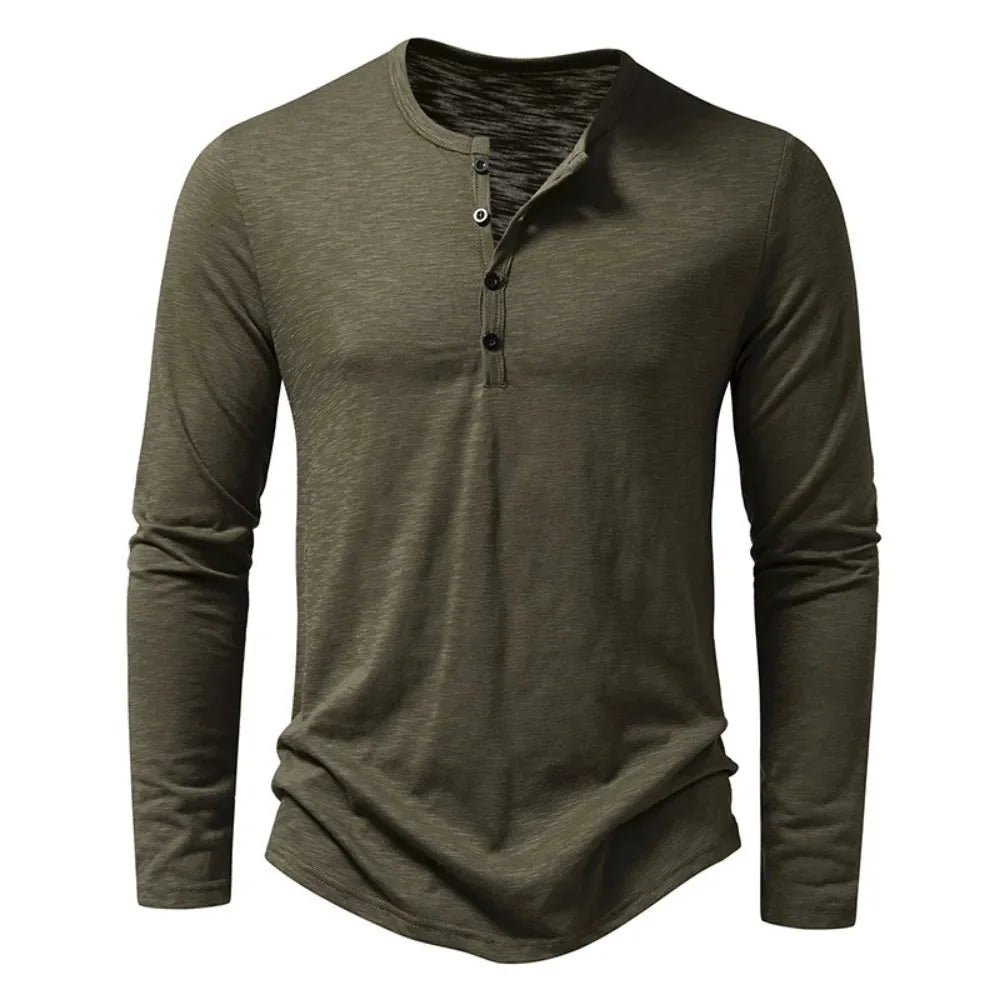 Army Men's Long Sleeve Henley Shirt — Thea Button-Front Slub Cotton - Green Front Full