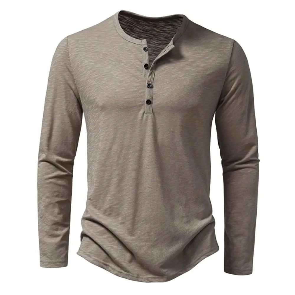 Beige Men's Long Sleeve Henley Shirt — Thea Button-Front Slub Cotton - Front Full