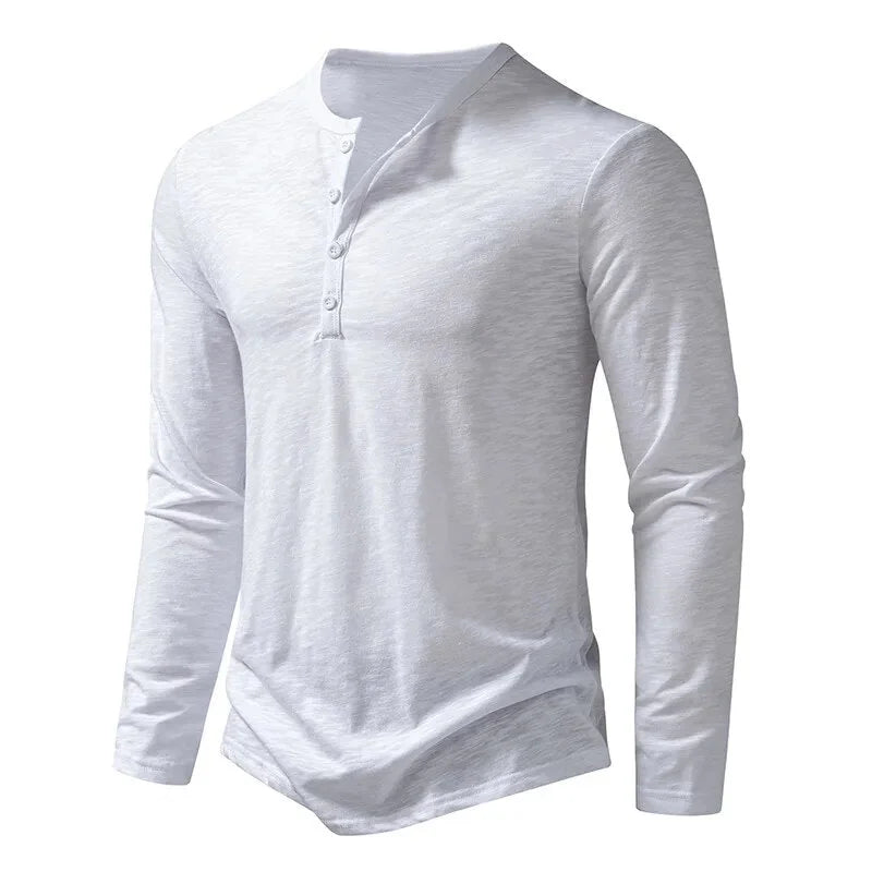 White Men's Long Sleeve Henley Shirt — Thea Button-Front Slub Cotton - Front Angle