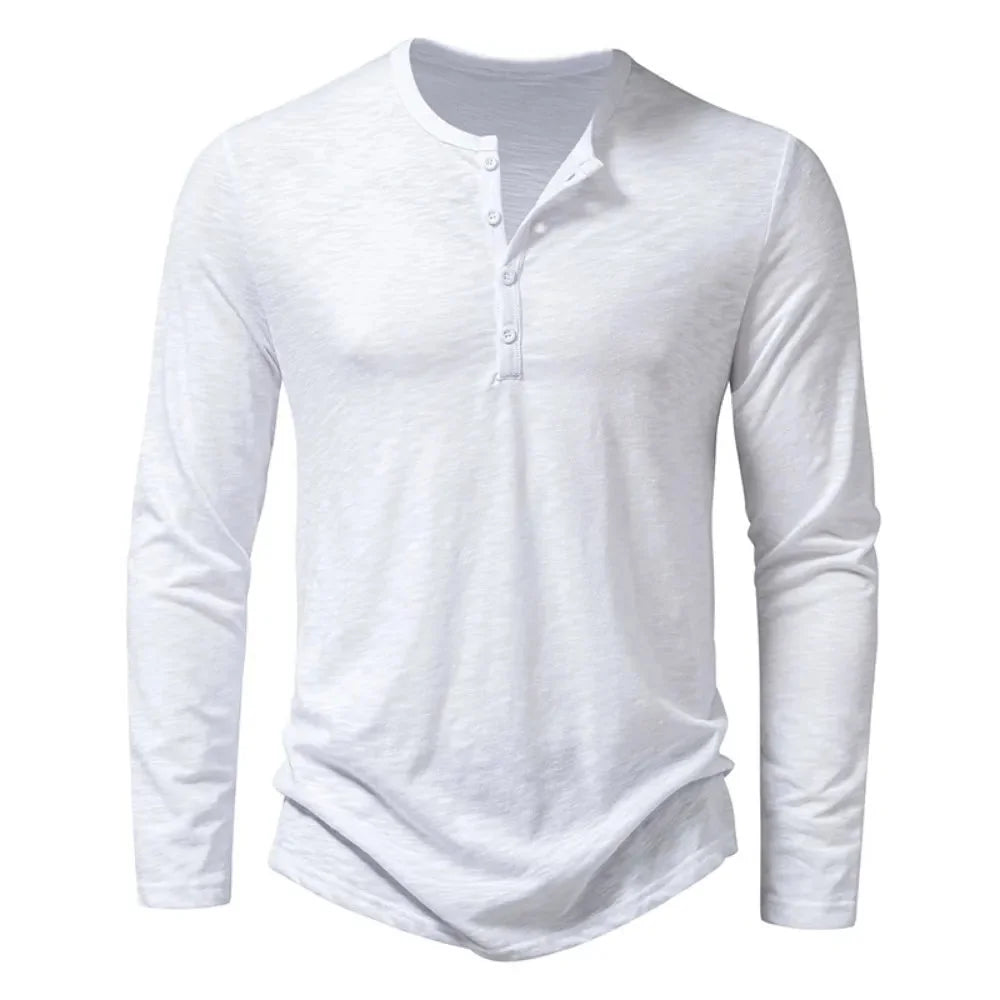 White Men's Long Sleeve Henley Shirt — Thea Button-Front Slub Cotton - Front Full