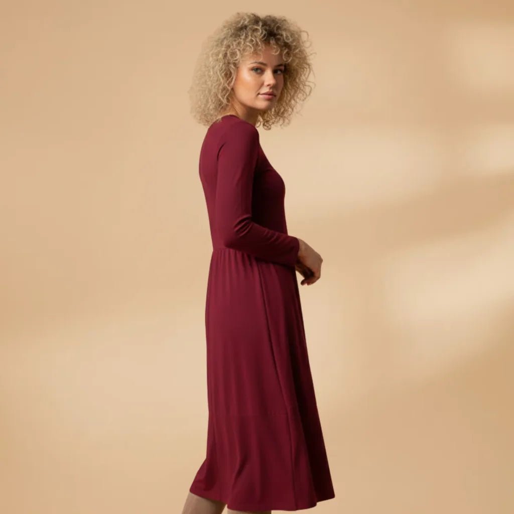 Beatrice | Classic Women Midi Dress with Long Sleeves - Burgundy - 3