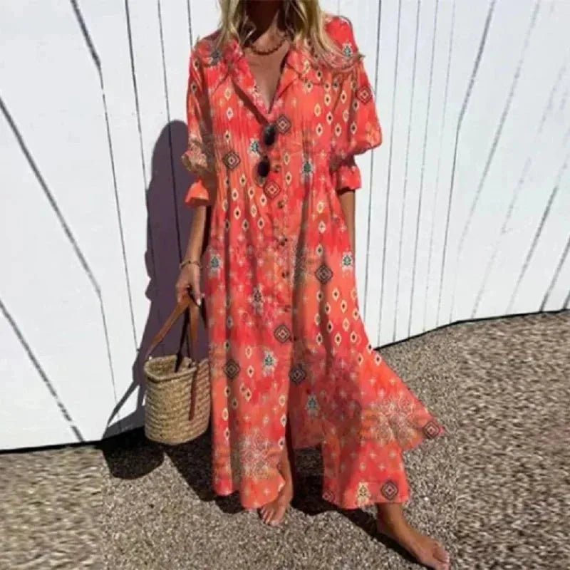 Ivy | Elegant Long Sleeve V - Neck Beach Dress - Red - 4