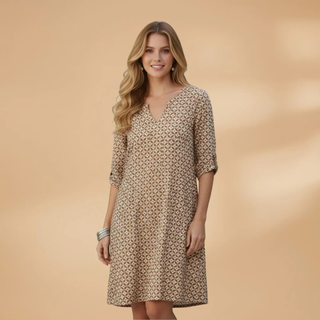 Brown Women's Loose Fit Short Sleeve Dress — Tatiana V-Neck Printed Relaxed - Front Lifestyle