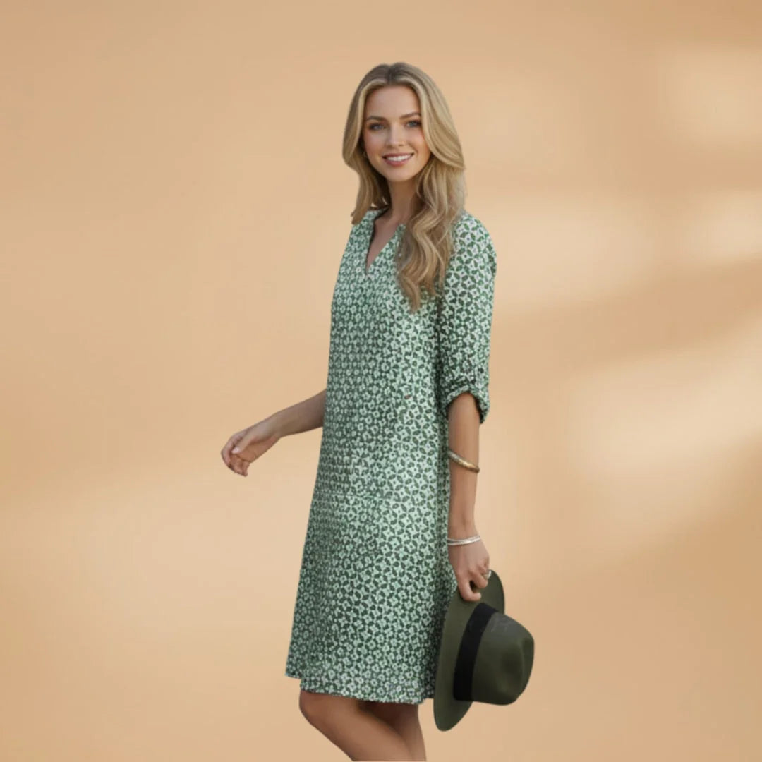 Green Women's Loose Fit Short Sleeve Dress — Tatiana V-Neck Printed Relaxed - Front Casual