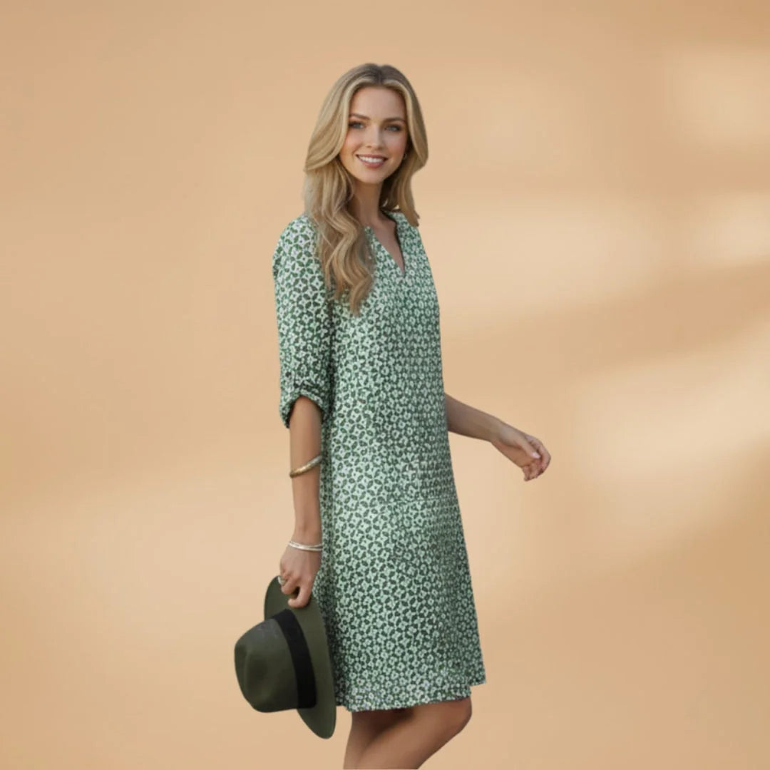 Green Women's Loose Fit Short Sleeve Dress — Tatiana V-Neck Printed Relaxed - Side Pose