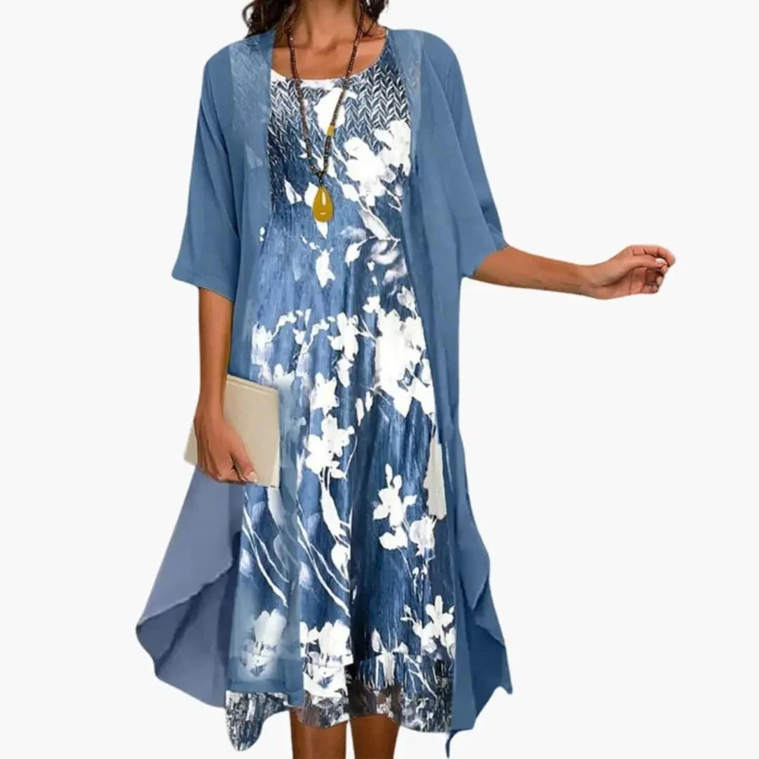 Blue Women's Floral Maxi Dress with Cardigan Set - Front Full