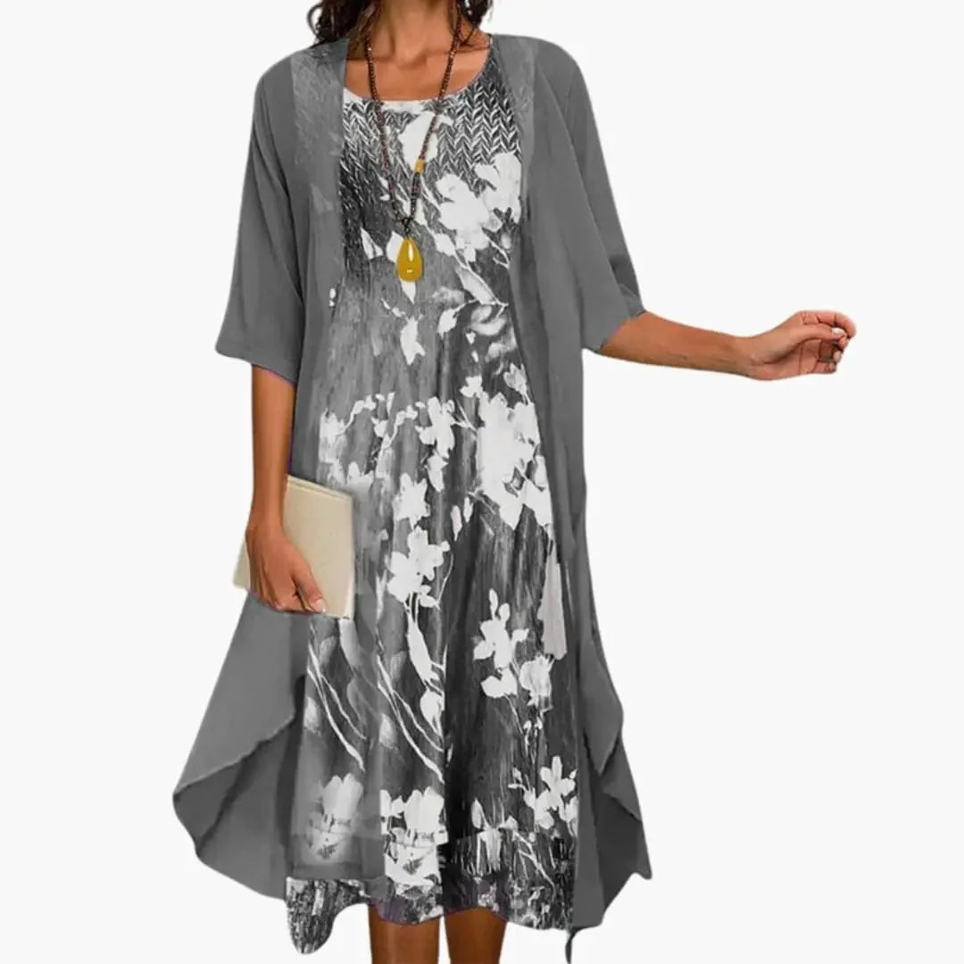 Gray Women's Floral Maxi Dress with Cardigan Set - Front Styled