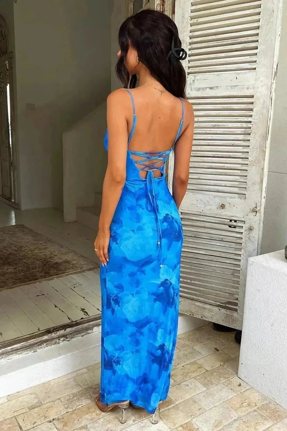Blue Women's Blue Floral Maxi Dress — Joy Lace-Up Back Elegant - Back Full