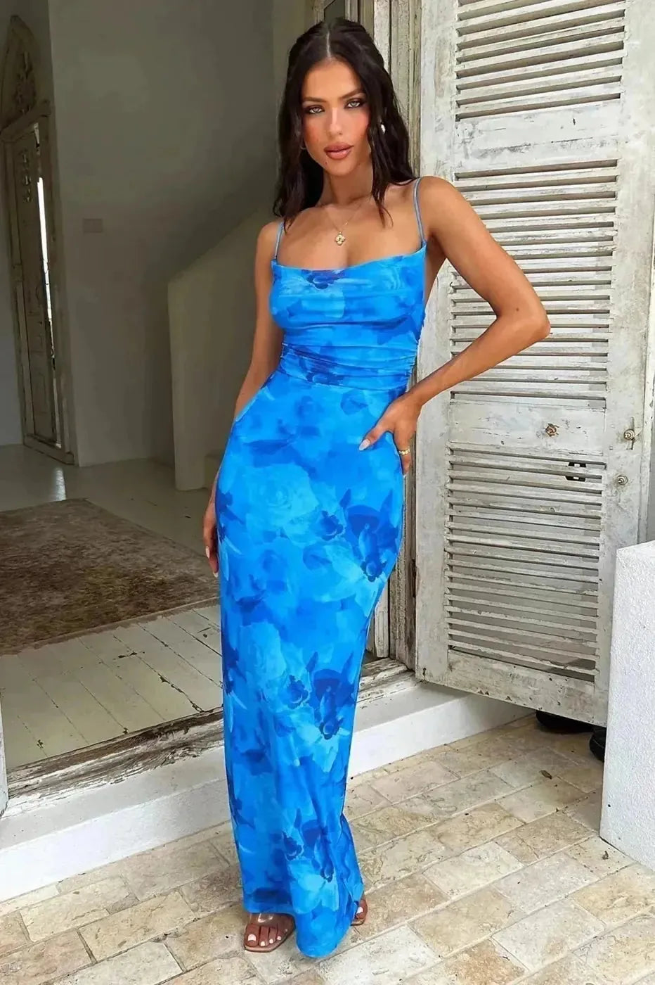 Blue Women's Blue Floral Maxi Dress — Joy Lace-Up Back Elegant - Front Casual