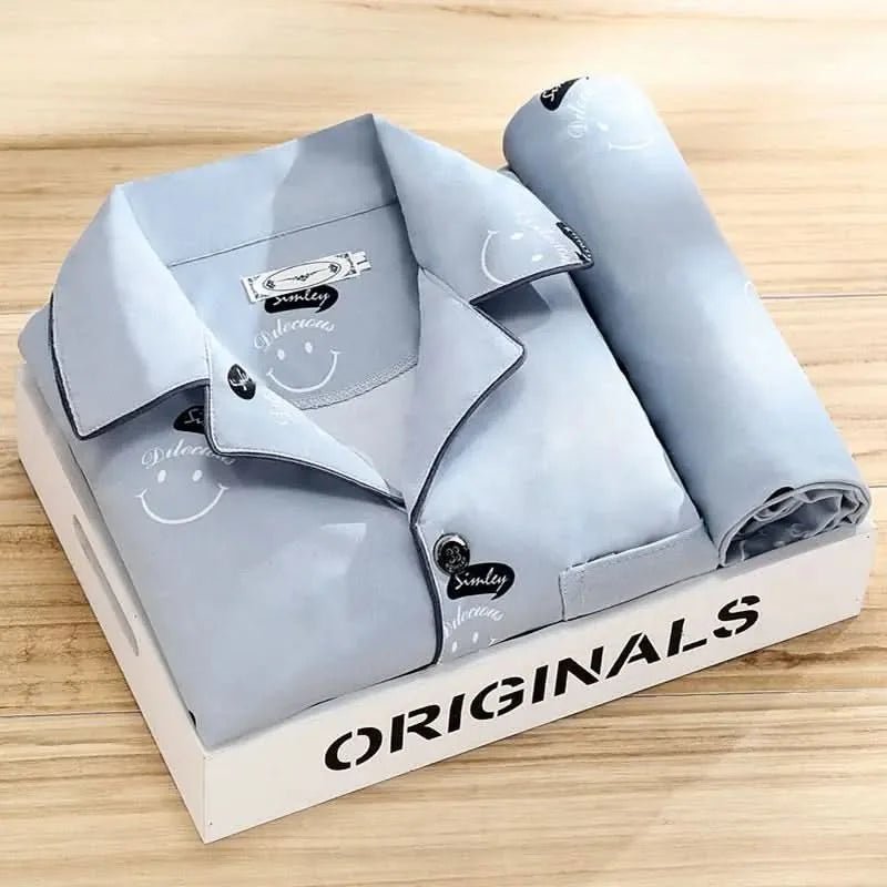 Xavier | Men's Button - Up Pajama Set with Feather Print - Light Blue - 3