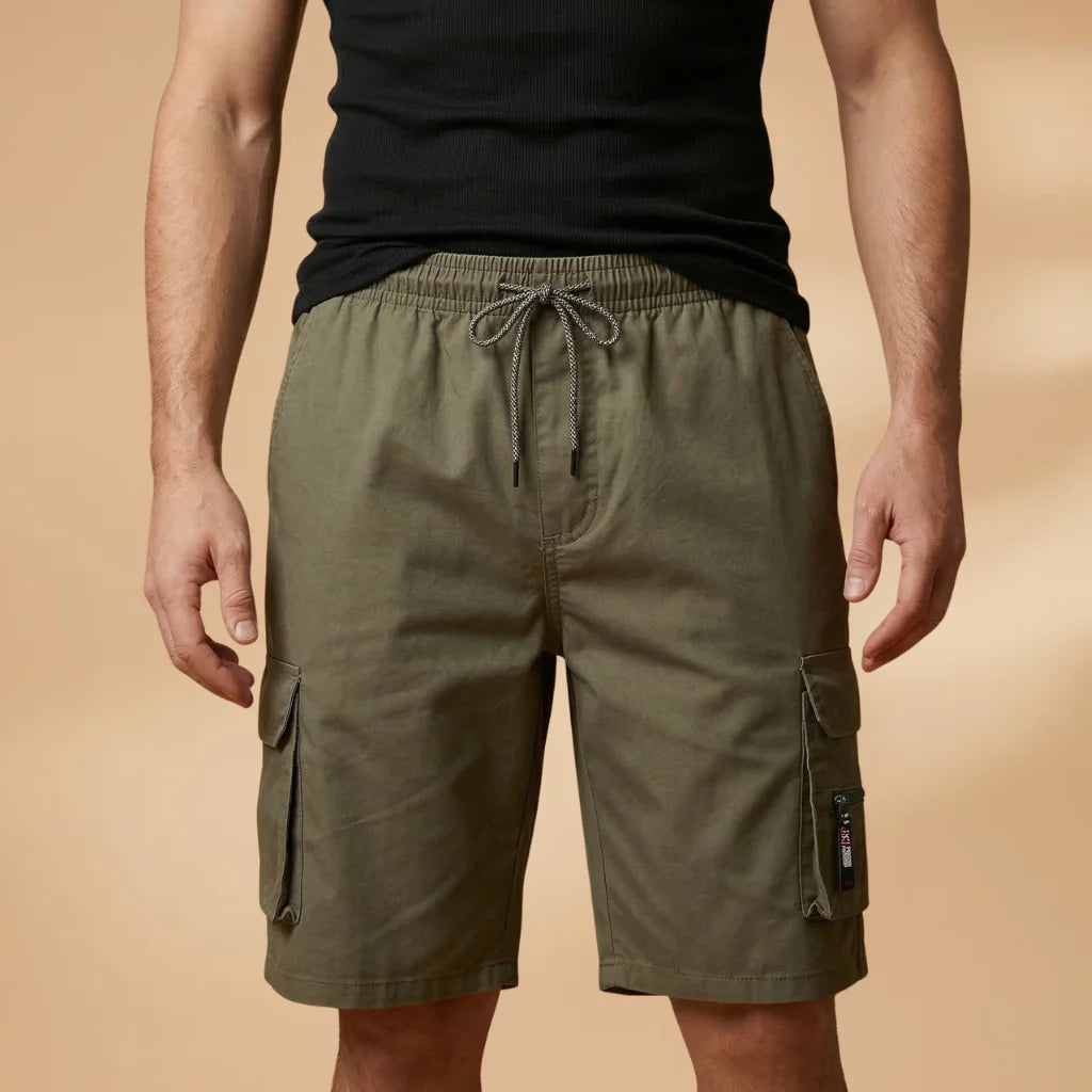 Army Men's Cargo Shorts — Henry Drawstring Pockets Military - Green Front Waist Detail