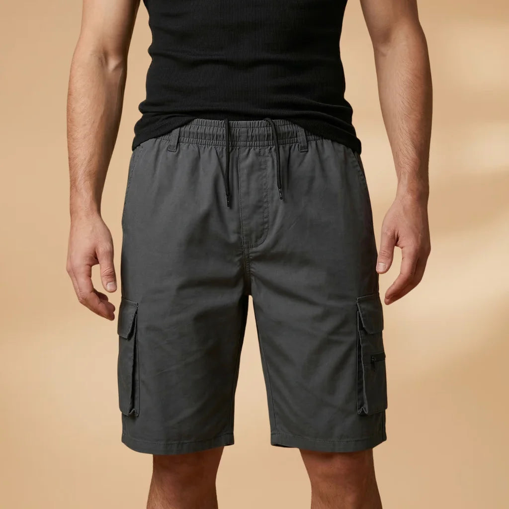 Dark Grey Men's Cargo Shorts — Henry Drawstring Pockets Military - Front Worn