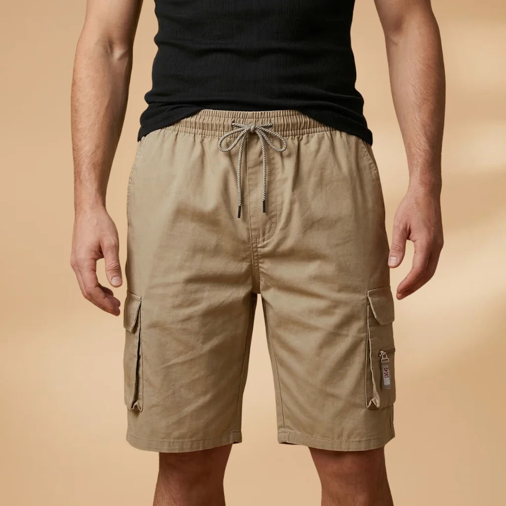 Khaki Men's Cargo Shorts — Henry Drawstring Pockets Military - Front Standing