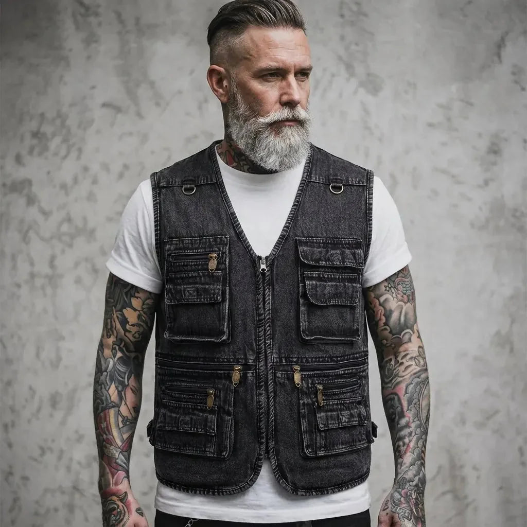 Black Men's Denim Cargo Vest — Callum Multi-Pocket Washed V-Neck - Front Full