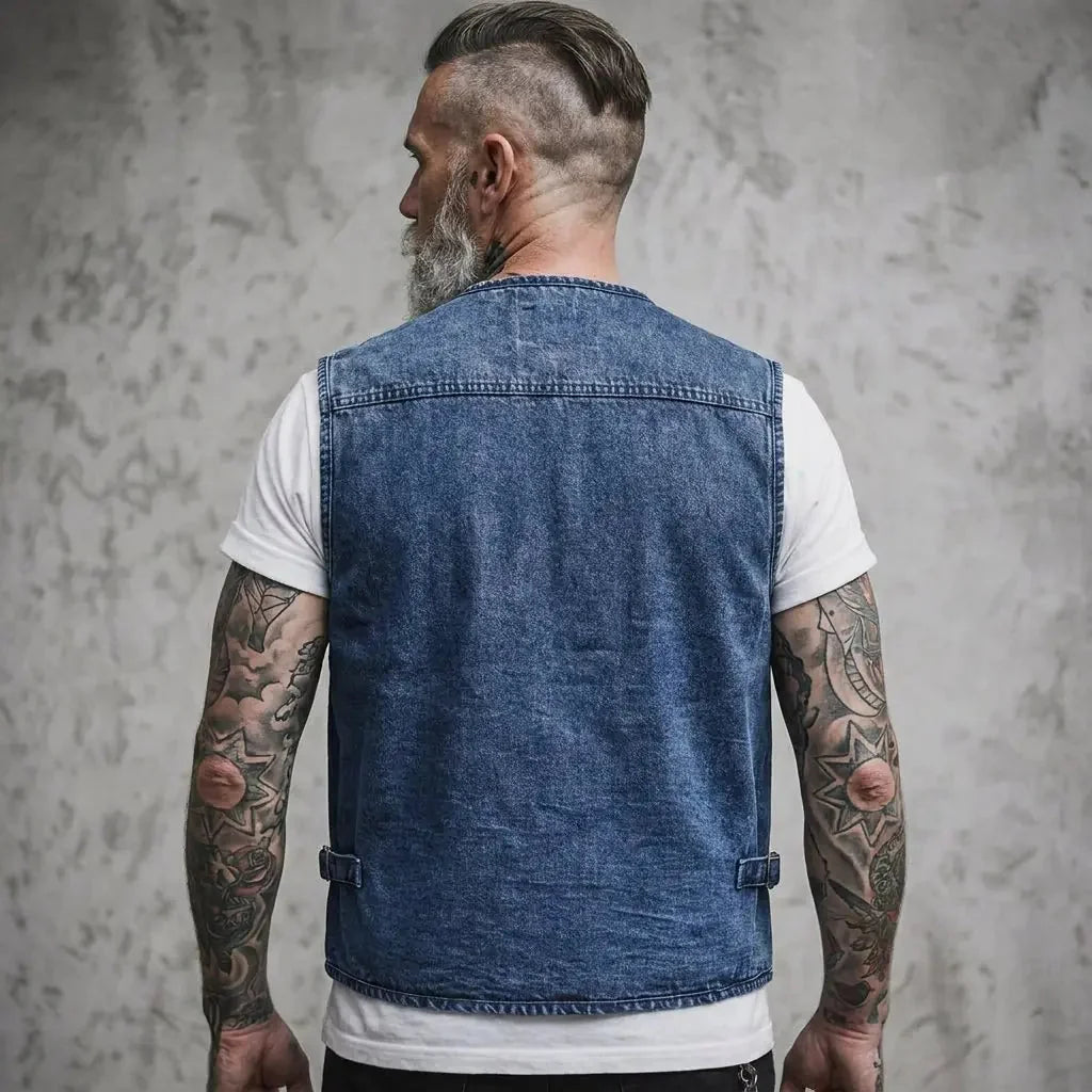 Deep Men's Denim Cargo Vest — Callum Multi-Pocket Washed V-Neck - Sky Blue Back Worn