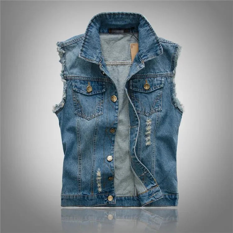 Blue Men's Distressed Denim Vest — Emmett Sleeveless Button-Front - Front Open