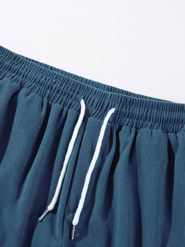 Blue Men's Drawstring Summer Shorts — Levi Corduroy Casual Beach - Waistband Close Up