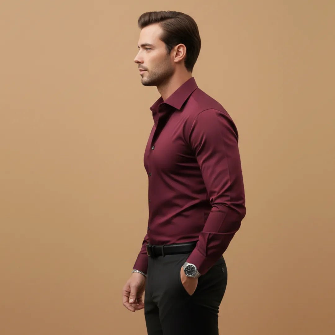 Theo | Men's Fitted Shirt with Structured Collar - Burgundy - 4