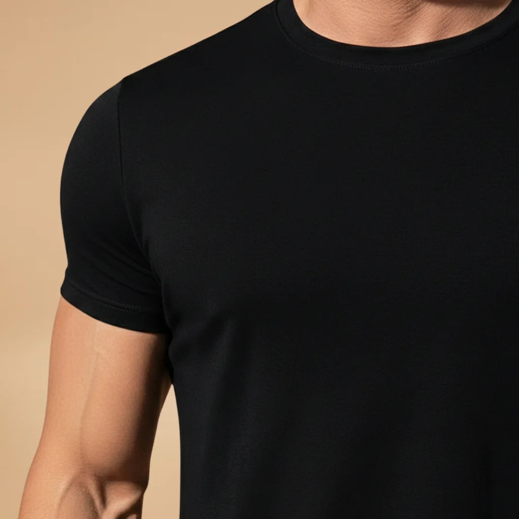 Black Men's Fitted Workout T-Shirt — Eli Athletic Crew Neck Short Sleeve - Close Up Fabric