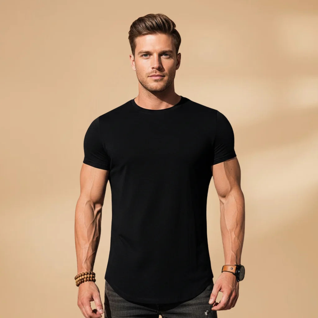 Black Men's Fitted Workout T-Shirt — Eli Athletic Crew Neck Short Sleeve - Front Full