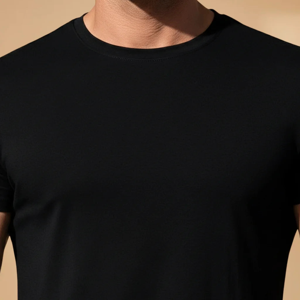 Black Men's Fitted Workout T-Shirt — Eli Athletic Crew Neck Short Sleeve - Neckline Detail