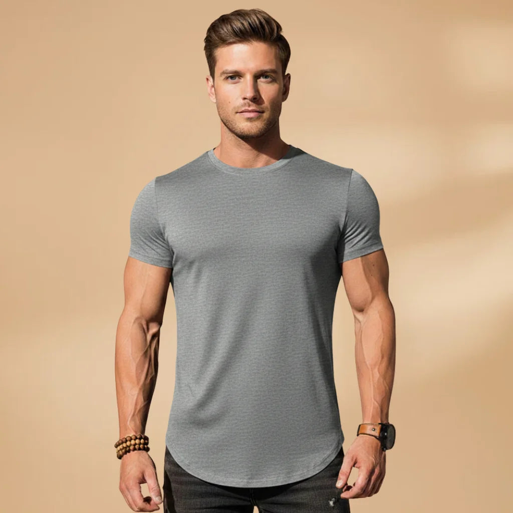 Gray Men's Fitted Workout T-Shirt — Eli Athletic Crew Neck Short Sleeve - Front Model