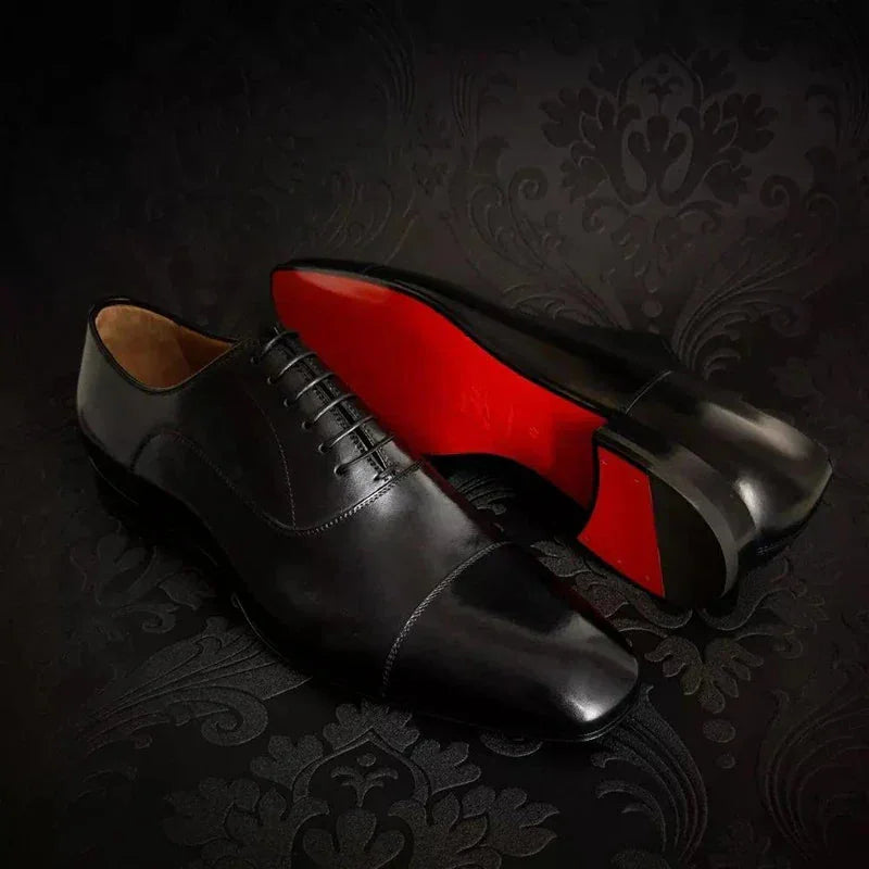 Black Men's Italian Leather Oxford Shoes — Hugo Cap Toe Business Formal - Dramatic Studio Lighting